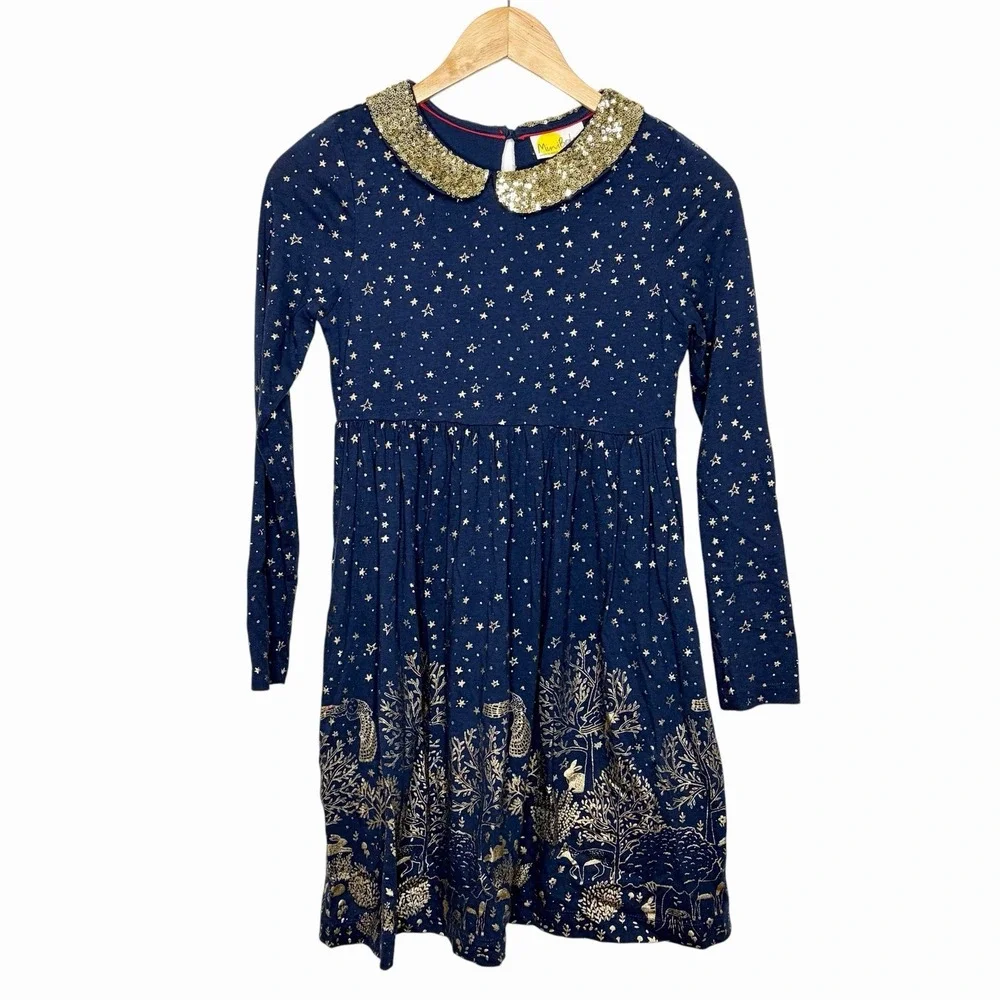 Mini Boden Woodland Foil Sequin Dress Girls Size 11-12Y Long Sleeve Knit Owl